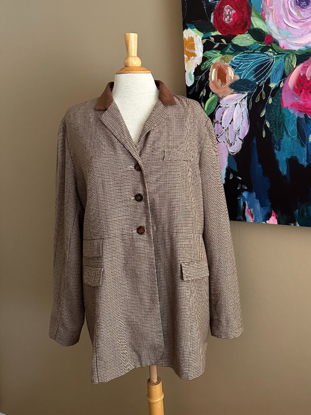 Vintage Formala Houndstooth Blazer Brown Jacket Size 20 Academia Classic Chic